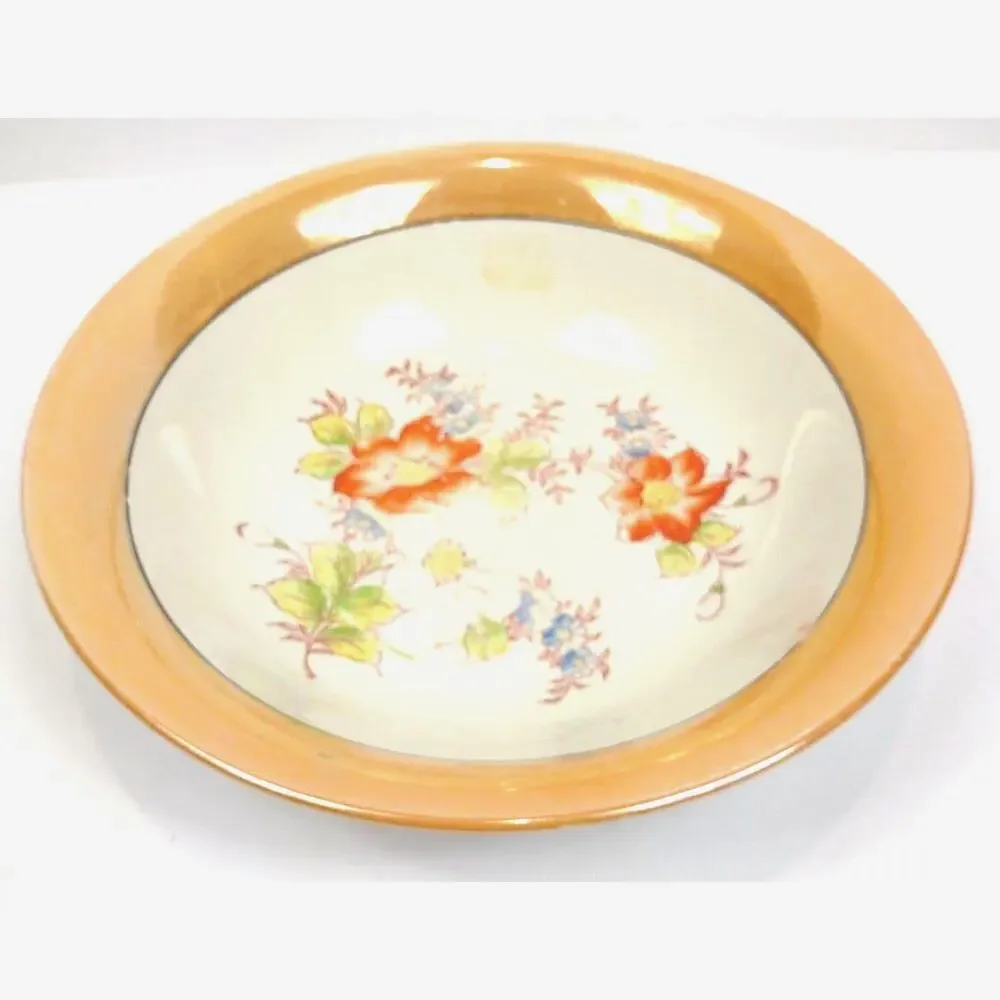 Vintage Japanese Luster Ware Serving Bowl with Floral Center Peach Band 9.5